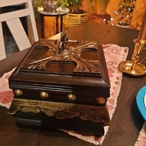 Vintage Sterling Industries Onate Solid Wood Jewelry Trinket Box w/ Metal Accent